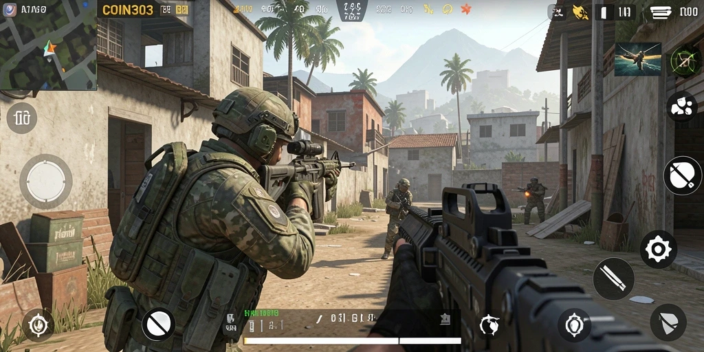 Gameplay COIN303 yang menarik dengan aksi tembak-menembak intens.